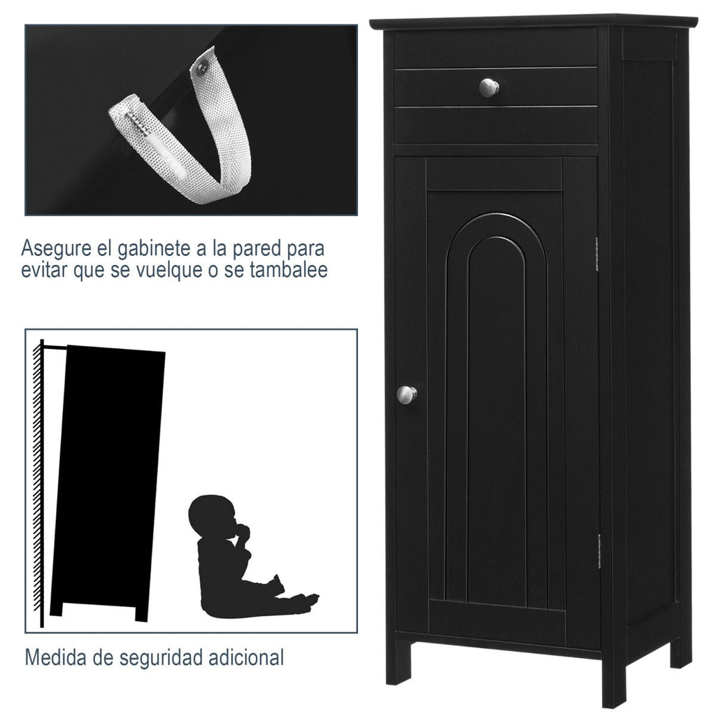 Armario Del Baño Organizado Vertical Con Puerta Individual 1 Cajón Grande 2 Repisas Regulables Para Baño Salón Negro 35,6 X 30,5 X 88 Cm