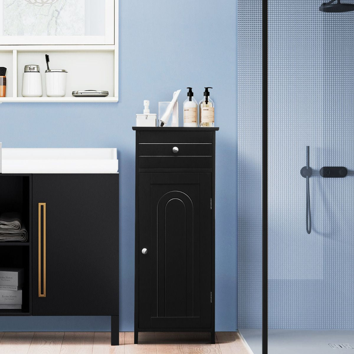 Armario Del Baño Organizado Vertical Con Puerta Individual 1 Cajón Grande 2 Repisas Regulables Para Baño Salón Negro 35,6 X 30,5 X 88 Cm