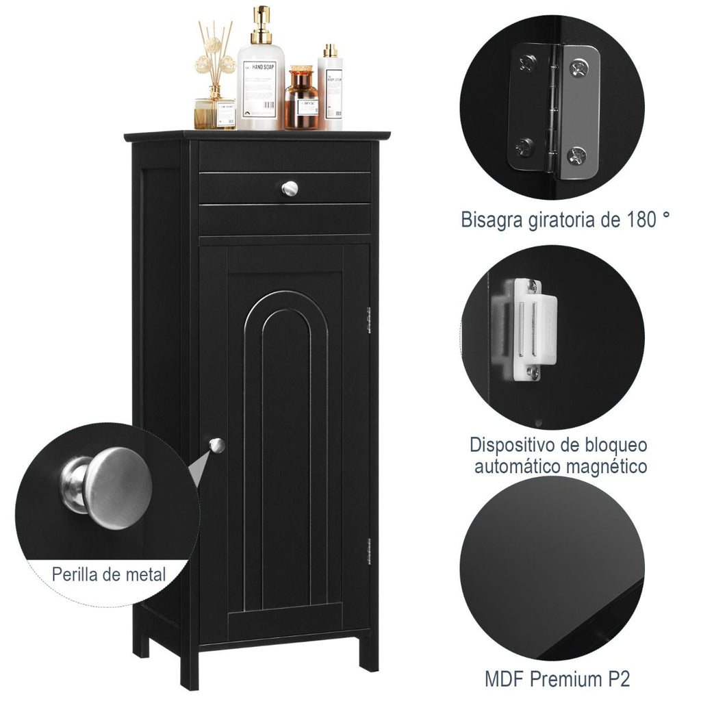 Armario Del Baño Organizado Vertical Con Puerta Individual 1 Cajón Grande 2 Repisas Regulables Para Baño Salón Negro 35,6 X 30,5 X 88 Cm