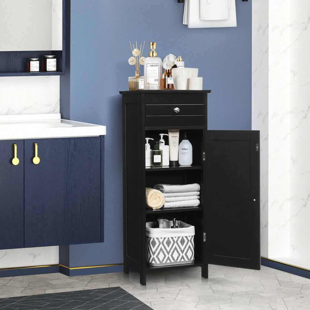 Armario Del Baño Organizado Vertical Con Puerta Individual 1 Cajón Grande 2 Repisas Regulables Para Baño Salón Negro 35,6 X 30,5 X 88 Cm