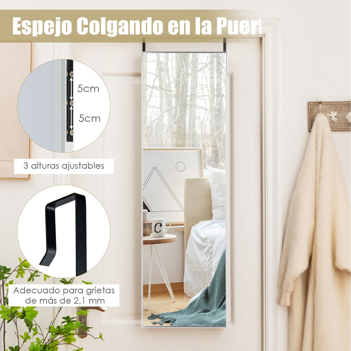 Espejo Colgante a La Puerta De Pared Marco De Aleación De Aluminio Cristal Irrompible 120 X 37 Cm Plateado