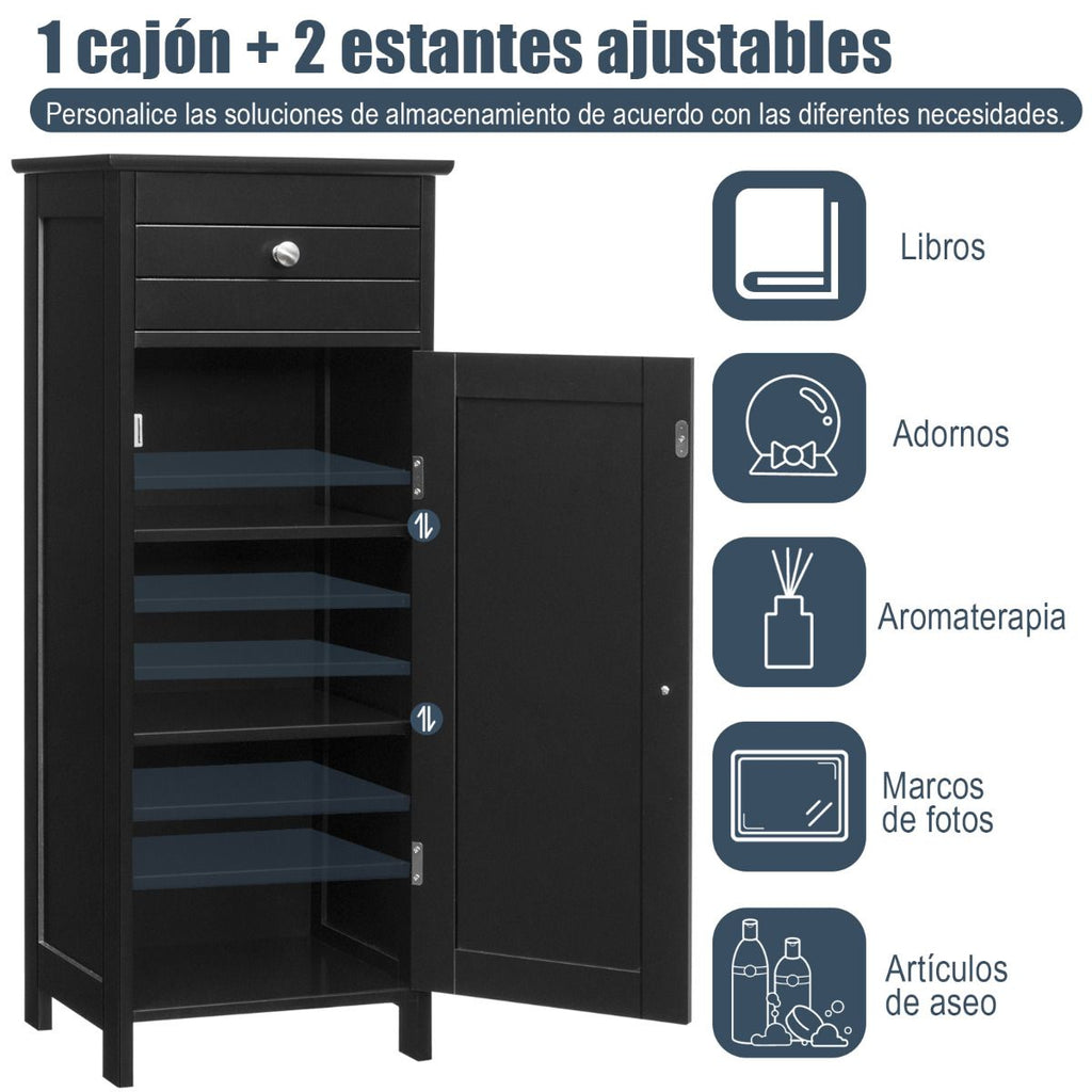 Armario Del Baño Organizado Vertical Con Puerta Individual 1 Cajón Grande 2 Repisas Regulables Para Baño Salón Negro 35,6 X 30,5 X 88 Cm